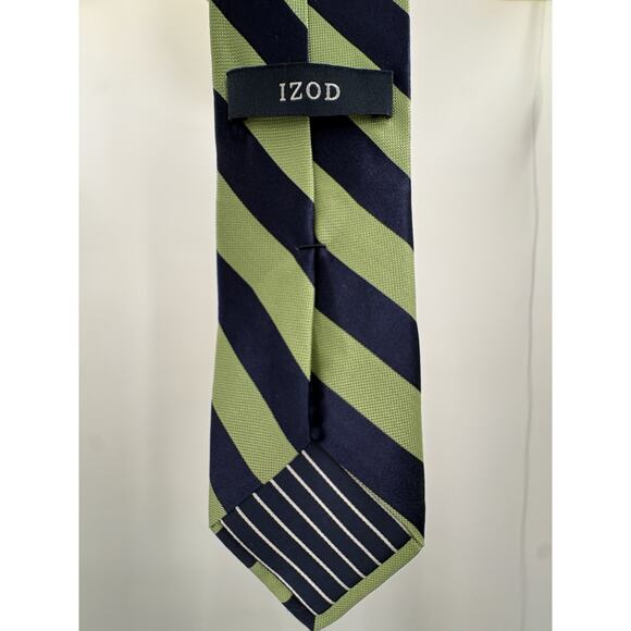 IZOD Silk Necktie Navy Green Repp Stripe Traditional Preppy Academia Classic - Picture 11 of 14